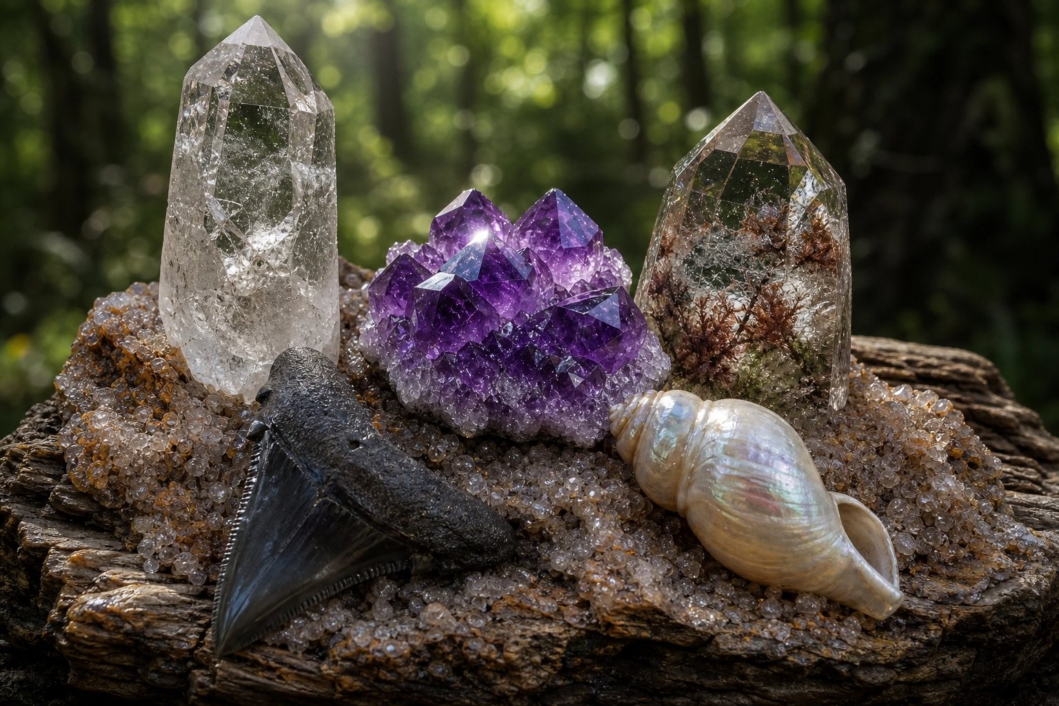 A quartz point, an amethyst cluster, a fossil shark tooth and an iridescent shell, arranged on driftwood.